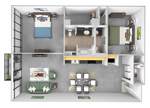 Main 3 Downtown - floor plan B1 Tower - 2 bed 1 bath - 3D